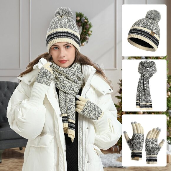 Women\'s 3Pieces White Set Beanie Fleece Skull Cap Pompom Neck Scarves Gloves main image 4